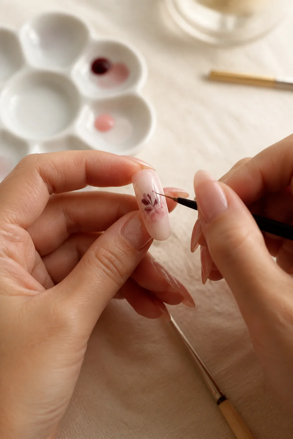 A fine brush painting a floral detail on a blush press-on nail